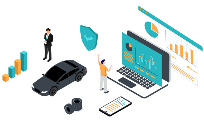 Isometric graphic showing cars and data on laptop screens