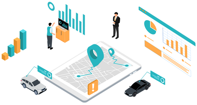 Graphic showcasing data on a screen and cars